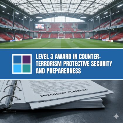Panel showing stadium and then a booklet of important info with a course title in a blue bar.